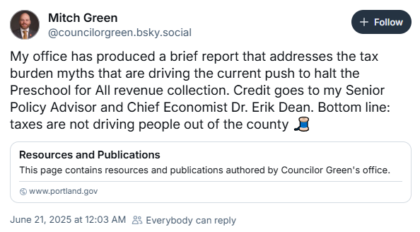 My office has produced a brief report that addresses the tax burden myths that are driving the current push to halt the Preschool for All revenue collection. Credit goes to my Senior Policy Advisor and Chief Economist Dr. Erik Dean. Bottom line: taxes are not driving people out of the county.